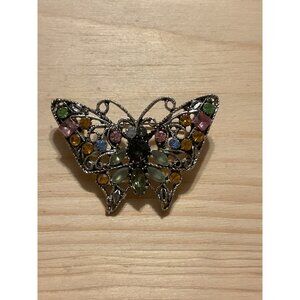 Vintage Butterfly Brooch Pin With Multicolored Gemstones & Filigree Design
